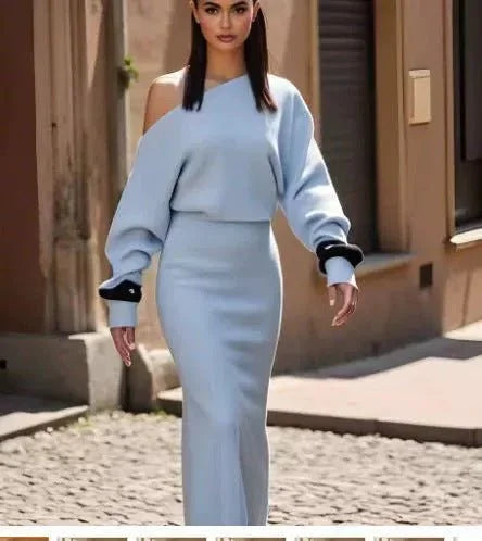 Ins Slim Long Sleeve Knitted Dress Evening Party Sexy Off - shoulder Bodycon Long Dresses - e & cj8e & cj8