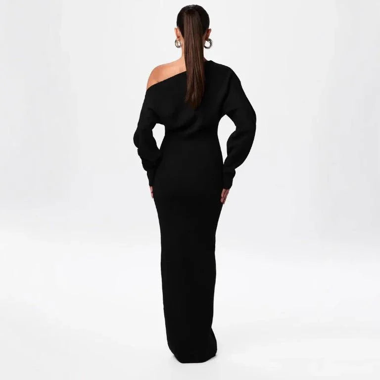 Ins Slim Long Sleeve Knitted Dress Evening Party Sexy Off - shoulder Bodycon Long Dresses - e & cj8e & cj8
