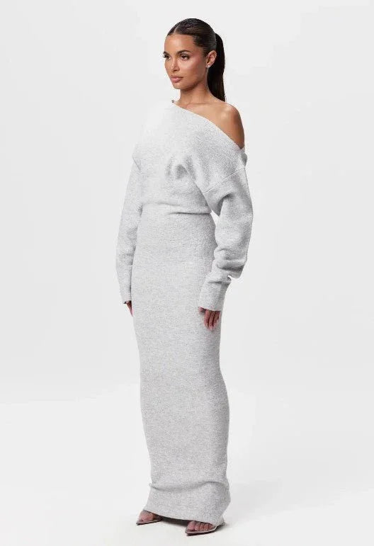 Ins Slim Long Sleeve Knitted Dress Evening Party Sexy Off - shoulder Bodycon Long Dresses - e & cj8e & cj8