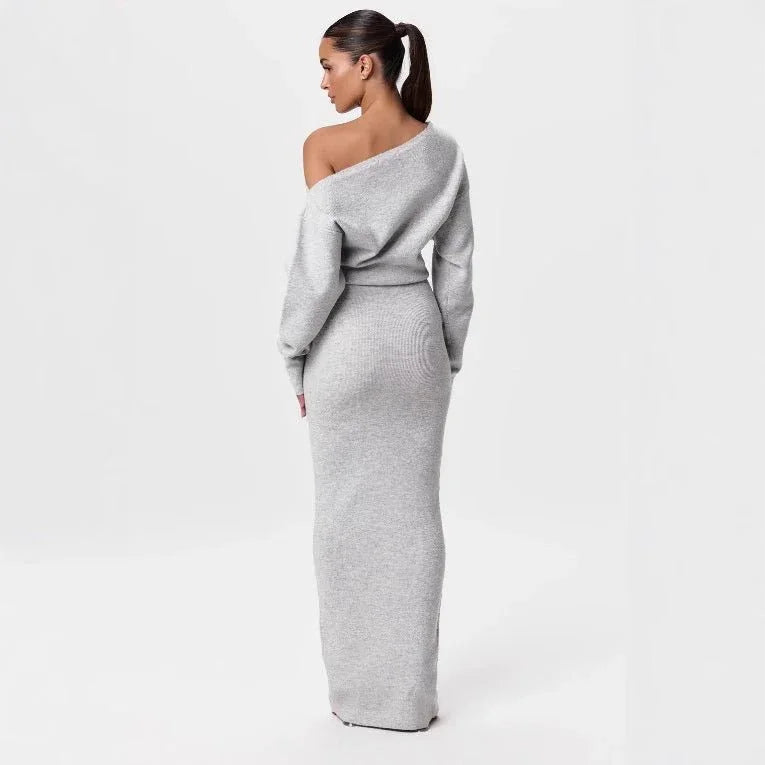 Ins Slim Long Sleeve Knitted Dress Evening Party Sexy Off - shoulder Bodycon Long Dresses - e & cj8e & cj8