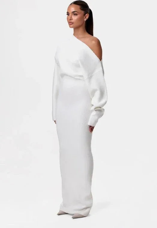 Ins Slim Long Sleeve Knitted Dress Evening Party Sexy Off - shoulder Bodycon Long Dresses - e & cj8e & cj8