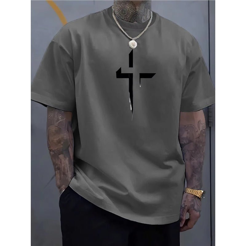 Street - style Mens Casual Loose - fit Cross - print Creative Sports Short - sleeve Top - e & cj8e & cj8