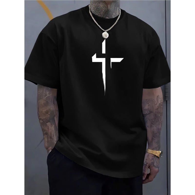 Street - style Mens Casual Loose - fit Cross - print Creative Sports Short - sleeve Top - e & cj8e & cj8