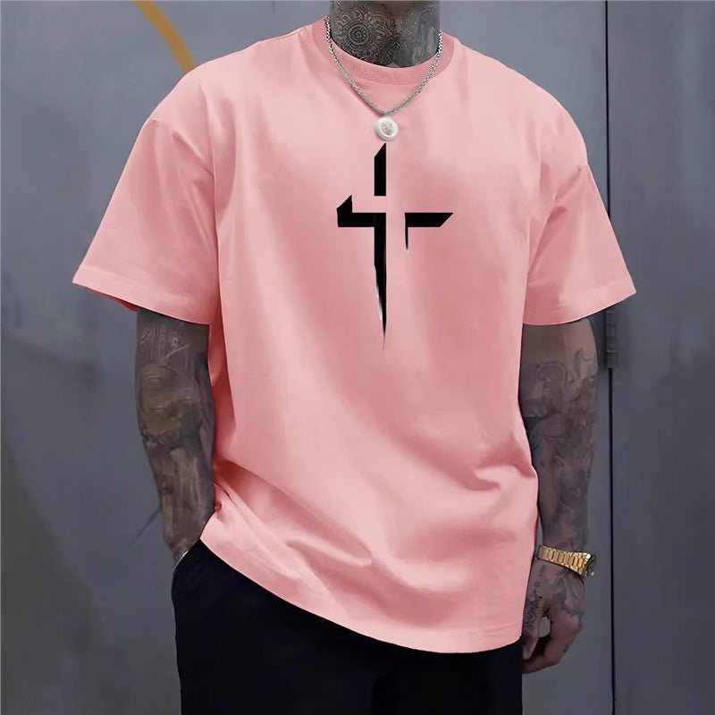 Street - style Mens Casual Loose - fit Cross - print Creative Sports Short - sleeve Top - e & cj8e & cj8