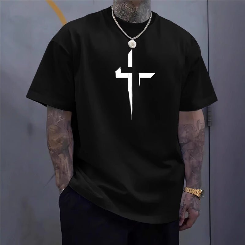 Street - style Mens Casual Loose - fit Cross - print Creative Sports Short - sleeve Top - e & cj8e & cj8