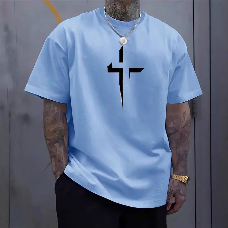Street - style Mens Casual Loose - fit Cross - print Creative Sports Short - sleeve Top - e & cj8e & cj8