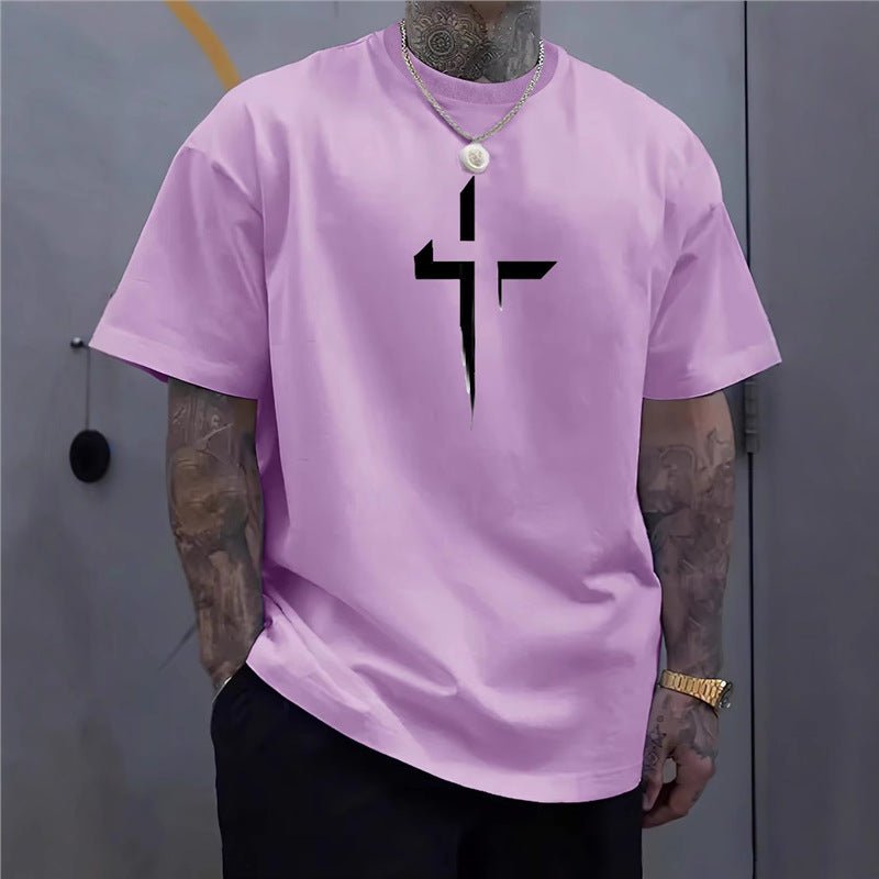 Street - style Mens Casual Loose - fit Cross - print Creative Sports Short - sleeve Top - e & cj8e & cj8